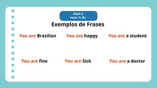 AULA 2
Verbo To Be
Exemplos de Frases
You are Brazilian
You are fine
You are happy
You are Sick
You are a student
You are a doctor
 