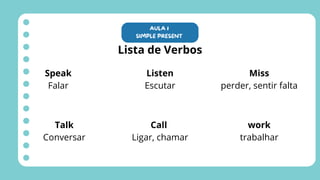 AULA 1
SIMPLE PRESENT
Lista de Verbos
Speak
Falar
Talk
Conversar
Listen
Escutar
Call
Ligar, chamar
Miss
perder, sentir falta
work
trabalhar
 