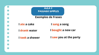 AULA 9
PASSADO SIMPLES
Exemplos de Frases
I ate a cake
I drank water
I took a shower
I sang a song
I bought a new car
I saw you at the party
 
