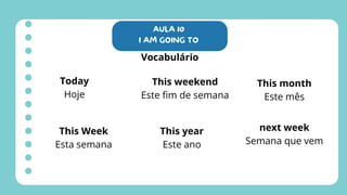 AULA 10
I AM GOING TO
Vocabulário
Today
Hoje
This Week
Esta semana
This year
Este ano
This weekend
Este fim de semana
This month
Este mês
next week
Semana que vem
 