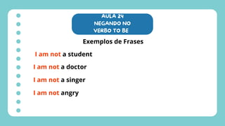 AULA 24
NEGANDO NO
VERBO TO BE
Exemplos de Frases
I am not a student
I am not a doctor
I am not a singer
I am not angry
 