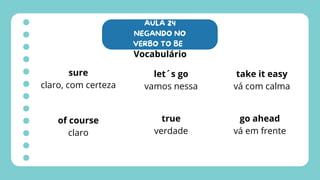 AULA 24
NEGANDO NO
VERBO TO BE
Vocabulário
sure
claro, com certeza
of course
claro
let´s go
vamos nessa
true
verdade
take it easy
vá com calma
go ahead
vá em frente
 
