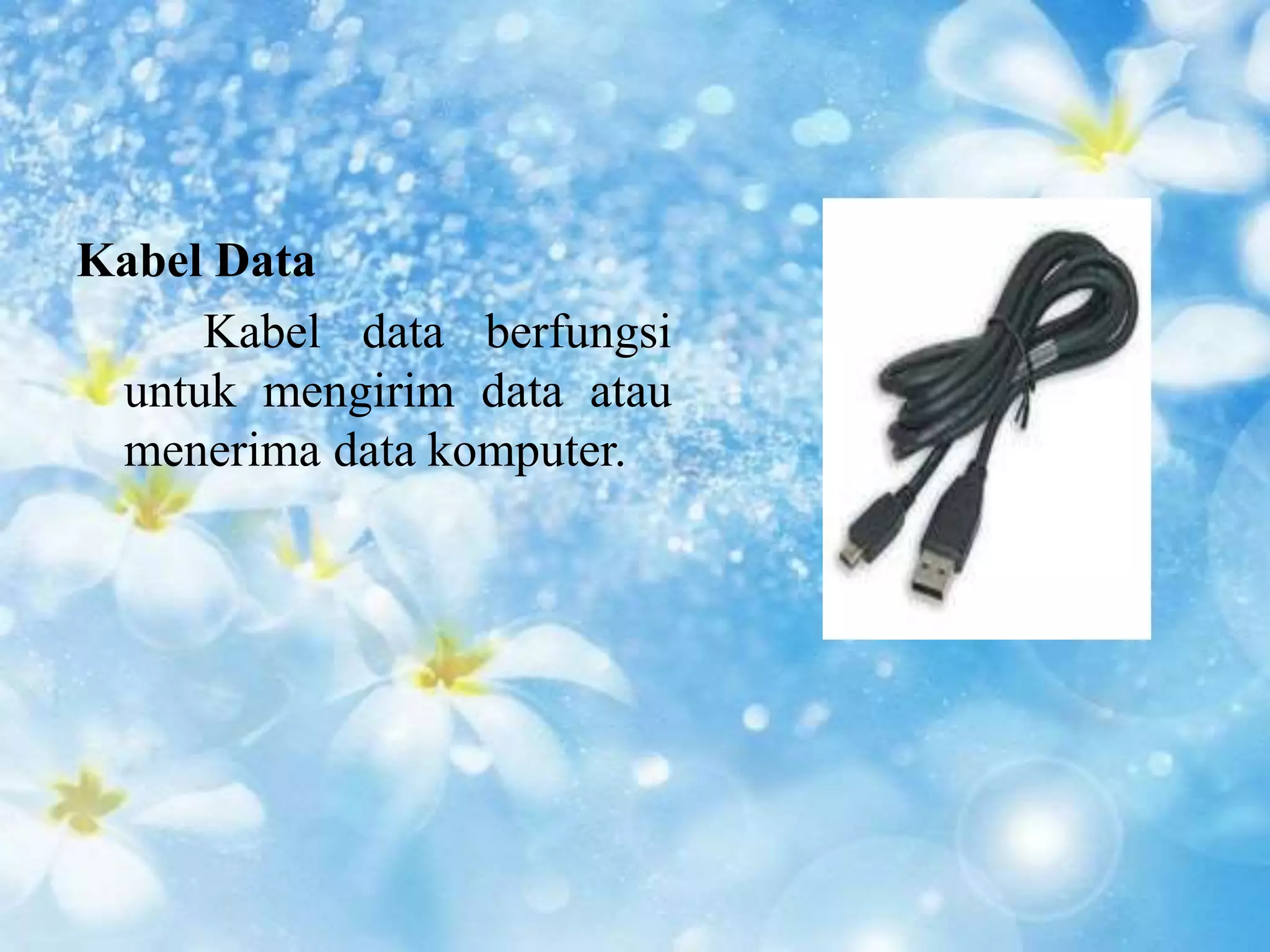 Kabel Data 
Kabel data berfungsi 
untuk mengirim data atau 
menerima data komputer. 
 