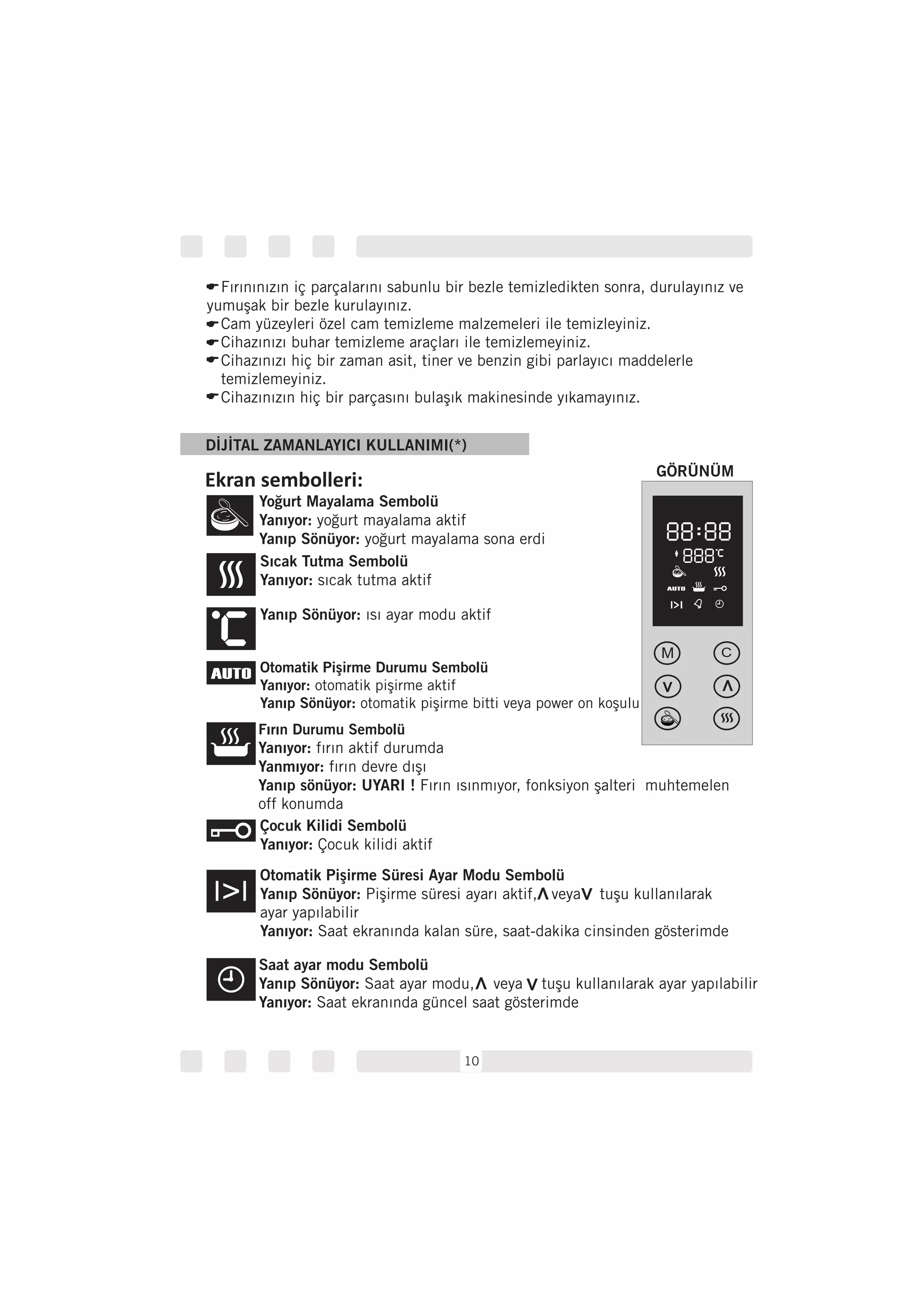 DİJİTAL ZAMANLAYICI KULLANIMI(*)
10
Ekran sembolleri:
Yoğurt Mayalama Sembolü
Yanıyor:
Yanıp Sönüyor:
yoğurt mayalama aktif
yoğurt mayalama sona erdi
Sıcak Tutma Sembolü
Yanıyor: sıcak tutma aktif
Yanıp Sönüyor: ısı ayar modu aktif
Otomatik Pişirme Durumu Sembolü
Yanıyor:
Yanıp Sönüyor:
otomatik pişirme aktif
otomatik pişirme bitti veya power on koşulu
Fırın Durumu Sembolü
Yanıyor:
Yanmıyor:
Yanıp sönüyor: UYARI !
fırın aktif durumda
fırın devre dışı
Fırın ısınmıyor, fonksiyon şalteri muhtemelen
off konumda
Çocuk Kilidi Sembolü
Yanıyor: Çocuk kilidi aktif
Otomatik Pişirme Süresi Ayar Modu Sembolü
Yanıp Sönüyor:
Yanıyor:
Pişirme süresi ayarı aktif, veya tuşu kullanılarak
ayar yapılabilir
Saat ekranında kalan süre, saat-dakika cinsinden gösterimde
Saat ayar modu Sembolü
Yanıp Sönüyor:
Yanıyor:
Saat ayar modu, veya tuşu kullanılarak ayar yapılabilir
Saat ekranında güncel saat gösterimde
GÖRÜNÜM
M C
Fırınınızın iç parçalarını sabunlu bir bezle temizledikten sonra, durulayınız ve
yumuşak bir bezle kurulayınız.
Cam yüzeyleri özel cam temizleme malzemeleri ile temizleyiniz.
Cihazınızı buhar temizleme araçları ile temizlemeyiniz.
Cihazınızı hiç bir zaman asit, tiner ve benzin gibi parlayıcı maddelerle
temizlemeyiniz.
Cihazınızın hiç bir parçasını bulaşık makinesinde yıkamayınız.
 
