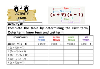 Complete the table by determining the First term,
Outer term, Inner term and Last term.
Activity #1
POLYNOMIALS FIRST
TERMS
OUTER
TERMS
INNER
TERMS
LAST
TERMS
Ex: (𝒙 + 𝟗)(𝒙 − 𝟏) 𝑥 𝑎𝑛𝑑 𝑥 𝑥 𝑎𝑛𝑑 − 1 9 𝑎𝑛𝑑 𝑥 9 𝑎𝑛𝑑 − 1
1. (𝑞 − 3)(𝑞 − 7)
2. (5𝑛 + 3)(𝑛 + 6)
3. (4𝑦 − 7)(2𝑦 + 10)
4. (2𝑥 + 3)(𝑥 − 3)
5. (𝑦 − 5)(𝑦 − 2)
Outer
Inner
 