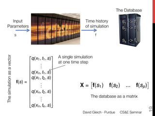 The Database

       Input "                                                     Time history"          s1 -> f1
    Parameters
                                                    of simulation
         s2 -> f2
                              s
                                         f
                  
                                                                                          sk -> fk

                                     2                 3 A single simulation
The simulation as a vector




                                        q(x1 , t1 , s)
                                      6       .
                                              .        7 at one time step
                                      6       .        7
                                      6                7
                                      6q(xn , t1 , s)7
                                      6                7
                                      6q(x1 , t2 , s)7
                                      6                7                   ⇥                         ⇤
                               f(s) = 6       .        7
                                      6
                                      6
                                              .
                                              .        7
                                                       7             X = f(s1 ) f(s2 ) ... f(sp )
                                      6q(xn , t2 , s)7
                                      6                7
                                      6       .        7                   The database as a matrix
                                      4       .
                                              .        5
                                         q(xn , tk , s)




                                                                                                          19
                                                                  David Gleich · Purdue 
 CS&E Seminar
 