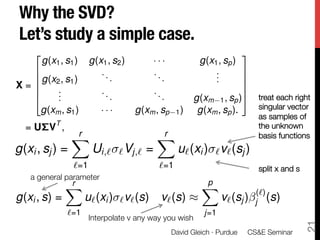 Why the SVD?!
 Let’s study a simple case.
    2                                                                3
        g(x1 , s1 )    g(x1 , s2 )     ···              g(x1 , sp )
  6                       ..           ..                   .
                                                            .        7
  6 g(x2 , s1 )              .            .                 .        7
X=6
  6     .
                                                                     7
                                                                     7
  4     .                 ..           ..
        .                    .            .            g(xm 1 , sp )5     treat each right
    g(xm , s1 )                    g(xm , sp                              singular vector
                          ···                     1)    g(xm , sp ).
                                                                          as samples of
  = U⌃VT ,                                                                the unknown
                 r
                 X                          r
                                            X                             basis functions
g(xi , sj ) =           Ui,`   ` Vj,`   =         u` (xi ) ` v` (sj )
                 `=1                        `=1                           split x and s
   a general parameter
               r                                         p
             X                                           X                (`)
g(xi , s) =           u` (xi ) ` v` (s) v` (s) ⇡               v` (sj )   j (s)
               `=1                                       j=1
                       Interpolate v any way you wish




                                                                                           21
                                               David Gleich · Purdue 
 CS&E Seminar
 