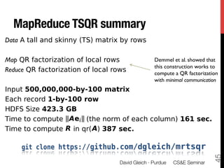 MapReduceTSQR summary
 MapReduce is great for TSQR!
Data A tall and skinny (TS) matrix by rows

Map QR factorization of local rows                       Demmel et al. showed that
                                                         this construction works to
Reduce QR factorization of local rows                    compute a QR factorization
                                                         with minimal communication
Input 500,000,000-by-100 matrix
Each record 1-by-100 row
HDFS Size 423.3 GB
Time to compute        (the norm of each column) 161 sec.
Time to compute    in qr(   ) 387 sec.




                                                                                        45
                         On a 64-node Hadoop cluster with · Purdue 
 CS&E Seminar
                                        David Gleich 4x2TB, one Core i7-920, 12GB RAM/node
 