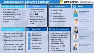 Simformer.com: Executive Summary
Product / Service
SaaS platform that
offers Learning
Management System
empowered by
Business Simulation
Engine.
Market Competitors
Key Success FactorsStatus / Traction
Team
RoadMap
1
2
Founder & CEO
Sergey Menschikov
Operations & Technology
Anton Makarevich
3
 Simulation Based E-
Learning Market by
2016 - $8B
 Annual worldwide
growth rate over the
period 2012..2019 -
18.5%
 capsim.com
 cesim.com
 marketplace-
simulation.com
 bsg-online.com
 combining online courses
and business simulation
 Multiuser & online 24/7
 High training
effectiveness at
reasonable prices
 Integrable with LMS
of any type
 Easily customizable
 Platform launch in 09.2015
 Number of completed B2B
deals - 6
 Number of upcoming deals -
12
 Registered B2B users - 900
 Revenue in 2015 - $185K
 Forecast revenue - $1.5M
Sales team
development
Partnerships
development
Marketing boost
4
Mobile apps
development
Andrey Fedorov
Educational Programs
Danas Masiliunas
Sales & Business
Development
Minvydas Latauskas
Product Development
ceo@simformer.com
 