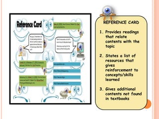 REFERENCE CARD 
1. Provides readings 
that relate 
contents with the 
topic 
2. States a list of 
resources that 
gives 
reinforcement to 
concepts/skills 
learned 
3. Gives additional 
contents not found 
in textbooks 
 