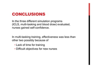 CONCLUSIONS	
In the three different simulation programs
(ICLS, multi-tasking and blood draw) evaluated,
nurses gained self-confidence.


In multi-tasking training, effectiveness was less than
other two possibly because of
  •  Lack of time for training
  •  Difficult objectives for new nurses
 