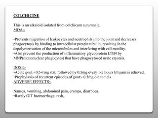 COLCHICINE
This is an alkaloid isolated from colchicum autumnale.
MOA:-
•Prevents migration of leukocytes and neutrophils into the joint and decreases
phagocytosis by binding to intracellular protein tubulin, resulting in the
depolymerisation of the microtubules and interfering with cell motility.
•Also prevent the production of inflammatory glycoprotein LTB4 by
MNP(mononuclear phagocytes) that have phagocytosed urate crystals.
DOSE:-
•Acute gout:- 0.5-1mg stat, followed by 0.5mg every 1-2 hours till pain is relieved.
•Prophylaxis of recurrent episodes of gout:- 0.5mg o.d to t.d.s
ADVERSE EFFECTS:-
Nausea, vomiting, abdominal pain, cramps, diarrhoea.
•Rarely GIT haemorrhage, rash,.
 