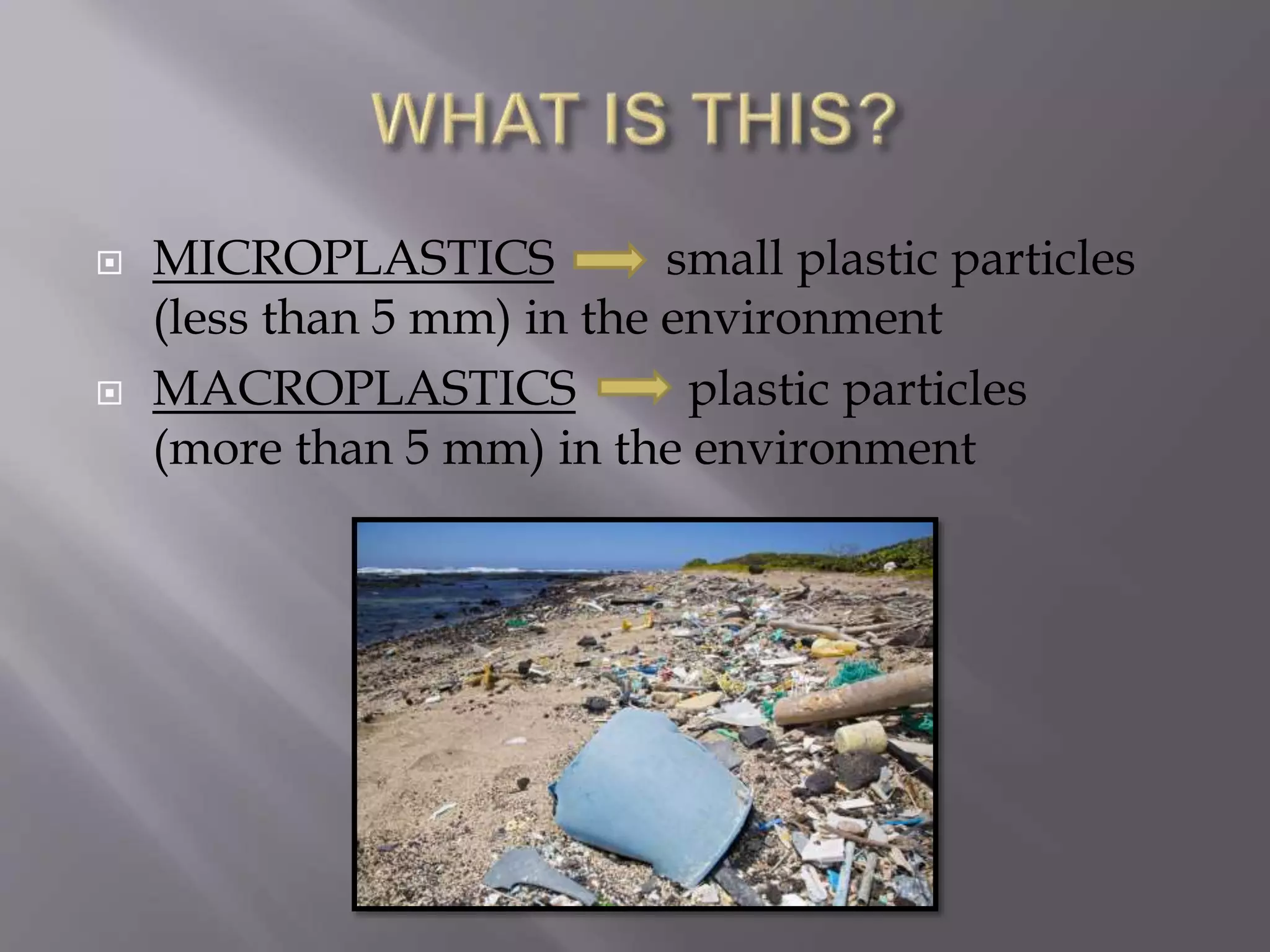  MICROPLASTICS small plastic particles
(less than 5 mm) in the environment
 MACROPLASTICS plastic particles
(more than 5 mm) in the environment
 