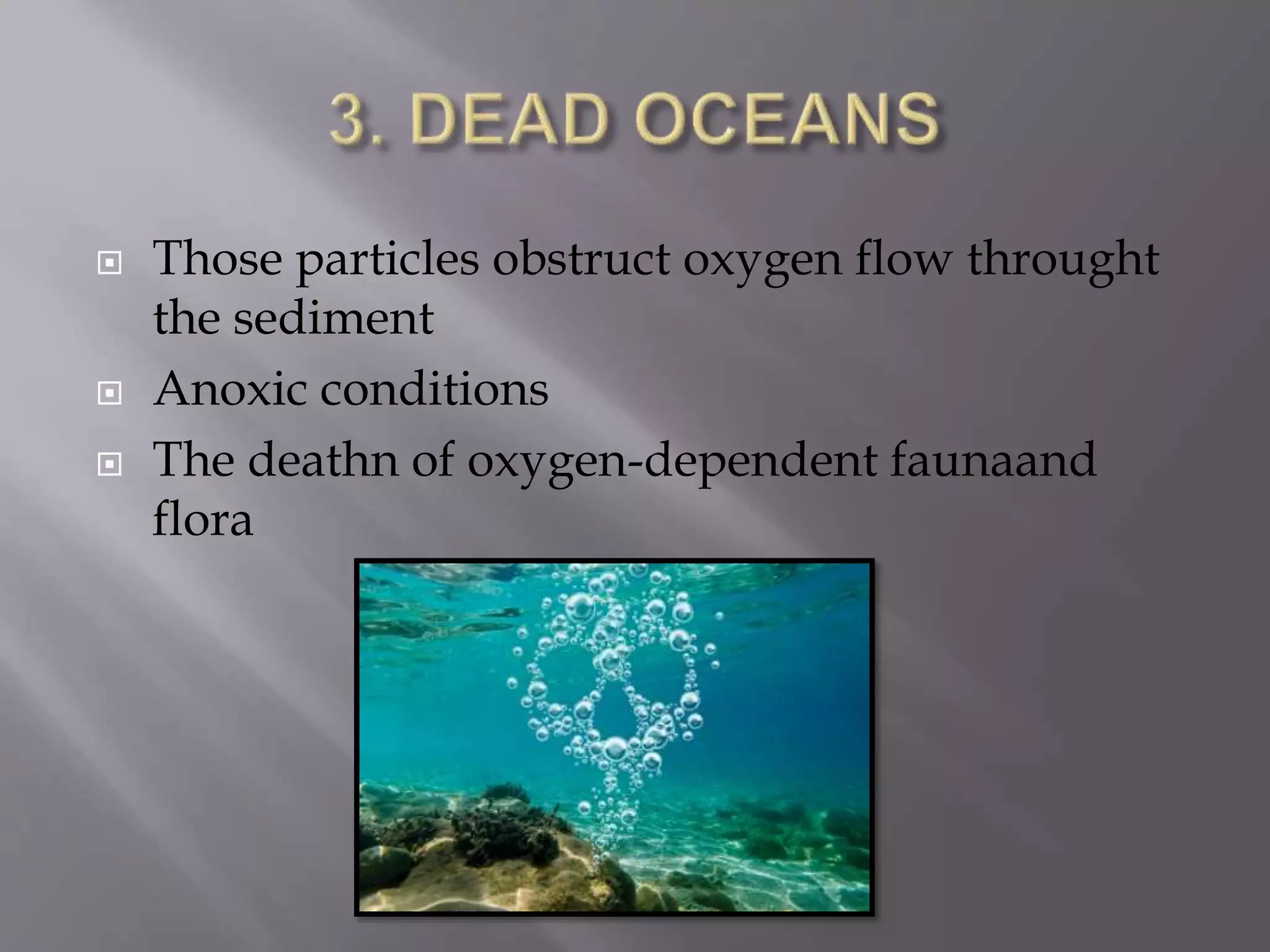  Those particles obstruct oxygen flow throught
the sediment
 Anoxic conditions
 The deathn of oxygen-dependent faunaand
flora
 