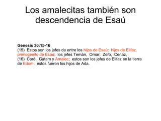 Los amalecitas también son descendencia de Esaú Genesis 36:15-16 (15)  Estos son los jefes de entre los  hijos de Esaú :  hijos de Elifaz,  primogénito de Esaú :  los jefes Temán,  Omar,  Zefo,  Cenaz, (16)  Coré,  Gatam y  Amalec ;  estos son los jefes de Elifaz en la tierra de  Edom ;  estos fueron los hijos de Ada. 
