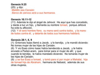 Genesis 16:11-12 (11)  Además le dijo el ángel de Jehová:  He aquí que has concebido,  y darás a luz un hijo,  y llamarás su nombre  Ismael ,  porque Jehová ha oído tu aflicción. (12)  Y él será hombre fiero;  su mano será contra todos,  y la mano de todos contra él,  y delante de todos sus hermanos habitará. Genesis 9:25 (25)  y dijo:  Maldito sea Canaán;   Siervo de siervos será a sus hermanos. Genesis 28:1, 6, 9   (1)  Entonces Isaac llamó a Jacob,  y lo bendijo,  y le mandó diciendo:  No tomes mujer de las hijas de Canaán. (6)  Y vio Esaú cómo Isaac había bendecido a Jacob,  y le había enviado a Padan-aram,  para tomar para sí mujer de allí;  y que cuando le bendijo,  le había mandado diciendo:  No tomarás mujer de las hijas de Canaán; (9)  y se fue Esaú a Ismael,  y tomó para sí por mujer a Mahalat,  hija de Ismael hijo de Abraham,   hermana de Nebaiot,  además de sus otras mujeres. 