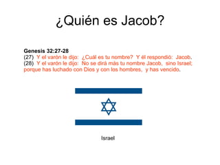 ¿Quién es Jacob? Genesis 32:27-28 (27)  Y el varón le dijo:  ¿Cuál es tu nombre?  Y él respondió:  Jacob . (28)  Y el varón le dijo:   No se dirá más tu nombre Jacob,  sino Israel;  porque has luchado con Dios y con los hombres,  y has vencido . Israel 