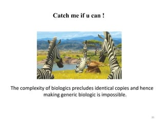 Catch me if u can !
The complexity of biologics precludes identical copies and hence
making generic biologic is impossible.
30
 