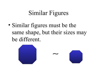 Similar Figures Similar figures must be the same shape, but their sizes may be different. 