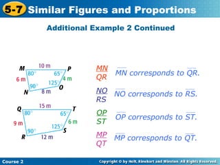Additional Example 2 Continued
Course 2
5-7 Similar Figures and Proportions
MN
QR
MN corresponds to QR.
NO
RS
OP
ST
MP
QT
NO corresponds to RS.
OP corresponds to ST.
MP corresponds to QT.
 