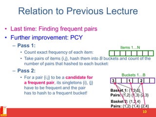 Relation to Previous Lecture
• Last time: Finding frequent pairs
• Further improvement: PCY
– Pass 1:
• Count exact frequency of each item:
• Take pairs of items {i,j}, hash them into B buckets and count of the
number of pairs that hashed to each bucket:
– Pass 2:
• For a pair {i,j} to be a candidate for
a frequent pair, its singletons {i}, {j}
have to be frequent and the pair
has to hash to a frequent bucket!
10
Items 1…N
Basket 1: {1,2,3}
Pairs: {1,2} {1,3} {2,3}
Basket 2: {1,2,4}
Pairs: {1,2} {1,4} {2,4}
Buckets 1…B
3 1 2
 