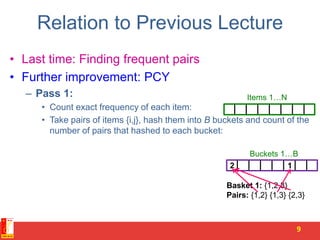 Relation to Previous Lecture
• Last time: Finding frequent pairs
• Further improvement: PCY
– Pass 1:
• Count exact frequency of each item:
• Take pairs of items {i,j}, hash them into B buckets and count of the
number of pairs that hashed to each bucket:
9
Items 1…N
Basket 1: {1,2,3}
Pairs: {1,2} {1,3} {2,3}
Buckets 1…B
2 1
 