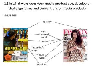 1.) In what ways does your media product use, develop or
challenge forms and conventions of media product?
Main
image of
model
tagline
Top strip
SIMILARITIES
Buzz
words
coverlines
Text anchors
image
 