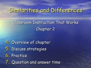 Similarities and Differences Classroom Instruction That Works Chapter 2 Overview of chapter Discuss strategies Practice  Question and answer time 