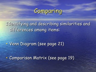 Comparing Identifying and describing similarities and differences among items: Venn Diagram (see page 21) Comparison Matrix (see page 19) 