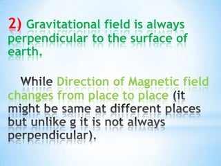 2) Gravitational field is always

perpendicular to the surface of
earth.
Direction of Magnetic field
changes from place to place

 