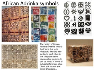 African Adrinka symbols




               The design of African
               Adrinka symbols links to
               the theme due to its
               repetition, they are also
               similar to each other in
               that they tend to be
               black outline designs. It
               can be linked in terms of
               cultural differences also.
               Could link up well with
               Yinka Shonibare...
 