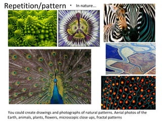 Repetition/pattern                    • In nature...




 You could create drawings and photographs of natural patterns. Aerial photos of the
 Earth, animals, plants, flowers, microscopic close ups, fractal patterns
 