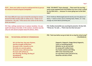Page 7


P127:….there was really no way he could permit him to pursue      P196: “SO WHAT?” Harry shouted. ….There won’t be any Hog-
his mission of world conquest unimpeded.                          warts to get expelled from! He’ll flatten it,or turn it into a school
                                                                  for the Dark Arts!..... because I’m never going over to the Dark
                                                                  Side!”

P15: How difficult it was now to heed the warning he remem-       P113: Professor McGonagall peered sternly over her glasses at
bered from Miss Cecilia's talk on safety at sea. "Under no cir-   Harry; “I want to hear you’re training hard, Potter, or I may
cumstances,' she said, "if the worse ever comes to the worse,     change my mind about punishing you
drink sea-water!"

P17: But, nothing seemed ever to please Jonathan. He was          P21: Dudley meanwhile was counting his presents. His face fell.
spoilt and always miserable. In the canteen, Jonathan was the     “Thirty-six,” he said. ....”That’s two less than last year.”
only one who dared complain about his dinner, often.


                                                                  P95: “And now before we go to bed, let us sing the school song!”
P118:     THE NATIONAL ANTHEM OF STRANDEDUSIA                                                                     ( Dumbledore).


            He's six foot two. Has eyes of green,                                Hogwarts, Hogwarts, Hoggy Warty Hogwarts,
            And the strength of fifty lions.                                     Teach us something please.
            His waist is thin. Commits no sin.                                   Whether we be old and bald
            His limbs are concrete pylons.                                       Or young with scabby knees,
            His word is true. All honour due.                                    Our heads could do with filling
            He never will confuse ya.                                            With some interesting stuff,
            He's the King, the King, the King of                                 For now they’re bare and full of air,
            Strandedusia.                                                        Dead flies and bits of fluff.
            All hail the King!
 