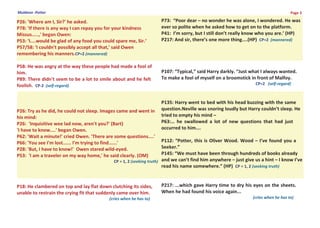 Muldoon -Potter                                                                                                                      Page 3

P26: 'Where am I, Sir?' he asked.                                    P73: “Poor dear – no wonder he was alone, I wondered. He was
P78: 'If there is any way I can repay you for your kindness          ever so polite when he asked how to get on to the platform.
Missus.....,' began Owen:                                            P41: I’m sorry, but I still don’t really know who you are.’ (HP)
P53: ‘I....would be glad of any food you could spare me, Sir.’       P217: And sir, there’s one more thing....(HP) CP=2 (mannered)
P57/58: 'I couldn't possibly accept all that,' said Owen
remembering his manners.CP=2 (mannered)

P58: He was angry at the way these people had made a fool of
him.                                                                 P107: “Typical,” said Harry darkly. “Just what I always wanted.
P89: There didn't seem to be a lot to smile about and he felt        To make a fool of myself on a broomstick in front of Malfoy.
foolish. CP-2 (self-regard)                                                                                        CP=2 (self-regard)



                                                                     P135: Harry went to bed with his head buzzing with the same
P26: Try as he did, he could not sleep. Images came and went in      question.Neville was snoring loudly but Harry couldn’t sleep. He
his mind:                                                            tried to empty his mind –
P26: 'Inquisitive wee lad now, aren't you?' (Bart)                   P63:… he swallowed a lot of new questions that had just
'I have to know....' began Owen.                                     occurred to him….
P62: 'Wait a minute!' cried Owen. 'There are some questions....'
P66: 'You see I'm lost...... I'm trying to find......'                  P112: “Potter, this is Oliver Wood. Wood – I’ve found you a
P28: 'But, I have to know!' Owen stared wild-eyed.                      Seeker.”
P53: 'I am a traveler on my way home,' he said clearly. (OM)            P145: “We must have been through hundreds of books already
                                              CP = 1, 2 (seeking truth) and we can’t find him anywhere – just give us a hint – I know I’ve
                                                                        read his name somewhere.” (HP) CP = 1, 2 (seeking truth)


P18: He clambered on top and lay flat down clutching its sides,      P217: ...which gave Harry time to dry his eyes on the sheets.
unable to restrain the crying fit that suddenly came over him.       When he had found his voice again...
                                            (cries when he has to)                                               (cries when he has to)
 