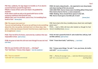 Page 5
P50: But, suddenly, his legs began to tremble as if an electric    P203: He took a deep breath…..He expected to see sharp beaks
current had been passed through them.                              and claws tearing at him any second.
P40/41: A wave of fear came over Owen. He grabbed his              1343 1092 P205: Harry’s knees were trembling.What if they lost?
machete.                                                           P211 And to Harry’s horror, a voice answered….
P110: Owen could see why as he gazed with horror at the            P206: Shaking, Harry moved three spaces to the left.
numerous skeletons that lined the way                              P86: Harry’s heart gave a horrible jolt. A test?
P40/41:'But I am! I'm terrified. Look at me; I'm trembling from                                                          (knows fear)
head to foot.' (knows fear)

P80: The square man went on:                                       P20: Harry had a thin face, knobbly knees, black hair and bright
'You are not bad looking. Of course we will have to do something   green eyes."
about the chin, too pointy. And dark hair is in these days. But,   P153:.... even a little old man who looked as though he had
what's a little dye between friends? And the knees might have to   Harry’s knobbly knees. (knees)
be straightened. (knees)

P102: Then he fell to his knees, overcome by a sadness that was    P153: He had a powerful kind of ache inside him, half joy, half
impossible to bear. (pain of loss)                                 terrible sadness. (pain of loss)

P108: He grew to hate this old man even though he was not real.    P144: “I hate them both,” said Harry, …. (can hate)
(can hate)



P68: Are you familiar with that word.......ideology?'              P41: “I know some things,’ he said. “I can, you know, do maths
'Yes!' lied Owen. 'I know a few ologies.' (not the academic)       and stuff.” (not the academic)


P41: 'You're a coward.'                                            P90: ‘....Plenty of courage I see....- and nice thirst to prove your-
'I am not!' CP-1 (bravely determined)                              self.’ CP-1 (bravely determined)                        (sorting hat).
 