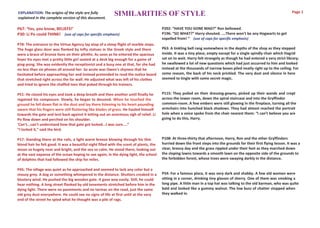 Page 1
EXPLANATION: The origins of the style are fully
explained in the complete version of this document.
                                                           SIMILARITIES OF STYLE
P67: ‘Yes, you know, BELIEFS!’                                                           P202: “HAVE YOU GONE MAD?” Ron bellowed.
P30: Li Po could THINK! (use of caps for specific emphasis)                              P196: “SO WHAT?” Harry shouted. ….There won’t be any Hogwarts to get
                                                                                         expelled from! “ (use of caps for specific emphasis)
P78: The entrance to the Virtue Agency lay atop of a steep flight of marble steps.
The huge glass door was flanked by lofty statues in the Greek style and there            P63: A tinkling bell rang somewhere in the depths of the shop as they stepped
were a brace of bronze lions on their plinths. As soon as he entered the spacious        inside. It was a tiny place, empty except for a single spindly chair which Hagrid
foyer his eyes met a pretty little girl seated at a desk big enough for a game of        sat on to wait. Harry felt strangely as though he had entered a very strict library;
ping-pong. She was evidently the receptionist and a busy one at that, for she had        he swallowed a lot of new questions which had just occurred to him and looked
no less than six phones all around her. So acute was Owen's shyness that he              instead at the thousands of narrow boxes piled neatly right up to the ceiling. For
hesitated before approaching her and instead pretended to read the notice board          some reason, the back of his neck prickled. The very dust and silence in here
that stretched right across the far wall. He adjusted what was left of his clothes       seemed to tingle with some secret magic.
and tried to ignore the chaffed toes that poked through his trainers.

P51: He closed his eyes and took a deep breath and then another until finally he         P115: They pulled on their dressing-gowns, picked up their wands and crept
regained his composure. Slowly, he began to descend. When he touched the                 across the tower room, down the spiral staircase and into the Gryffindor
ground he fell down flat in the dust and lay there listening to his heart pounding       common-room. A few embers were still glowing in the fireplace, turning all the
aware that his fingers were still fluttering like blades of grass. He hauled himself     armchairs into hunched black shadows. They had almost reached the portrait
towards the gate and lent back against it letting out an enormous sigh of relief. Li     hole when a voice spoke from the chair nearest them: “I can’t believe you are
Po flew down and perched on his shoulder.                                                going to do this, Harry.
'Can't...can't understand how that gate got locked...I was sure....”
“I locked it,” said the bird.

P17: Standing there at the rails, a light warm breeze blowing through his thin           P108: At three-thirty that afternoon, Harry, Ron and the other Gryffindors
blond hair he felt good. It was a beautiful night filled with the scent of plants, the   hurried down the front steps into the grounds for their first flying lesson. It was a
moon so hugely near and bright, and the sea so calm. He stood there, looking out         clear, breezy day and the grass rippled under their feet as they marched down
at the vast expanse of the ocean hoping to see again, in the dying light, the school     the sloping lawns towards a smooth lawn on the opposite side of the grounds to
of dolphins that had followed the ship for miles.                                        the forbidden forest, whose trees were swaying darkly in the distance.

P45: The village was quiet as he approached and seemed to lack any color but a
mousy grey. A dog or something whimpered in the distance. Shutters creaked in a          P54: For a famous place, it was very dark and shabby. A few old women were
blustery wind. He pushed the big wooden gate. It gave way easily. Still, he could        sitting in a corner, drinking tiny glasses of sherry. One of them was smoking a
hear nothing. A long street flanked by old tenements stretched before him in the         long pipe. A little man in a top hat was talking to the old barman, who was quIte
dying light. There were no pavements and no tarmac on the road, just the same            bald and looked like a gummy walnut. The low buzz of chatter stopped when
old grey dust everywhere. He could see no signs of life at first until at the very       they walked in.
end of the street he spied what he thought was a pile of rags.
 