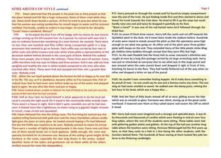 SIMILARITIES OF STYLE continued                                                                                                                                      Page 2
    P76: Owen observed that the people in the pews ate as they prayed so that            P71: Harry pressed on through the crowd until he found an empty compartment
the place looked and felt like a huge restaurant. Some of them cried while they          near the end of the train. He put Hedwig inside first and then started to shove and
ate. Owen knelt down beside a woman. At first he tried to pray but when he saw           heave his trunk towards the train door. He tired to lift it up the steps but could
that the woman was eating sandwiches his mouth began to water and his stomach            hardly raise one end and twice he dropped it painfully on his foot.
rumbled. Eventually, unable to endure it any longer, he turned to her abruptly:          "Want a hand?" It was one of the red-haired twins he'd followed through the
"Could I have a sandwich, Missus?"                                                       ticket box.
  P70:        As he wiped the dust from off his badge with his sleeve he saw funeral     P123: As seven O'Clock drew nearer, Harry left the castle and set offf towards the
cortege coming up the hill towards him. As it passed, he noticed with awe that it        Quidditch pitch in the dusk. He'd never been inside the stadium before. Hundreds
was no ordinary funeral but something of a mass funeral. He counted. There were          of seats were raised in stands around the pitch so that the spectators were high
no less than one hundred and fifty coffins being transported uphill in a long            enough to see what was going on. At either end of the pitch were three golden
procession that seemed to go on forever. Each coffin was carried by four men in          poles with hoops on the end. They reminded Harry of the little plastic sticks Mug-
white coats and white trousers and even white shoes while a representative of the        gle children blew bubbles through, except that they were fifty feet high.
deceased walked behind dressed in the usual garb of black. Behind him walked             P121: As the owls flooded into the Great Hall as usual, everyone's attention was
three more people, also in black, the relatives. These three were all women. Every       caught at once by a long thin package carried by six large screeching owls. Harry
coffin therefore had one man to follow and three women. And it was odd too how           was just as interested as everyone else to see what was in this large parcel and
sprightly and healthy the men in white looked compared to the ones who slow-             was amazed when the owls soared down and dropped it right in front of him,
marched after them. These were frail and stooped and their skin a greyish blue           knocking his bacon to the floor. They had hardly fluttered out of the way when an-
color. Nobody cried.                                                                     other owl dropped a letter on top of the parcel.
P22: . When the sun itself peaked above the horizon he felt as happy as he ever did
in his life. The sea, as if in obedience, became softer as if to reassure him. Fish of   P165: He couldn't ever remember feeling happier. He'd really done something to
radiant hues that he had never seen before leapt up out of the water and plopped         be proud of now - no one could say he was just a famous name any more. The eve-
back in again. He was alive like them and just as happy.                                 ning air had never smelled so sweet. He walked over the damp grass, reliving the
P50: Owen looked down unable to believe he had climbed so far and yet secretly-          last hour in his head, which was a happy blur....
proud of the fact that he had survived.
P100: Half an hour later he found himself in what appeared to be the local jail.         P100: And the fleet of little boats moved off all at once, gliding across the lake
Local is scarcely the right word, for it stood in the countryside miles outside town.    which was as smooth as glass. Everyone was silent, staring up at the great castle
There wasn't a house in sight. And it didn't quite resemble any jail he had ever         overhead. It towered over them as they sailed nearer and nearer the cliff on which
seen. It looked more like a lighthouse, its tower rising to a gigantic height. Around    it stood.
its turret, crows circled and squawked.
P54: Owen followed him into the sitting room. The first thing he noticed was the         P87: Harry had never even imagined such a strange and splendid place. It was lit
vaulted ceiling festooned with gold stars and the many chandeliers whose candle-         by thousands and thousands of candles which were floating in mid-air over four
light gave the place an eerie glow. He looked around hoping Li Po had followed           long tables, where the rest of the students were sitting. These tables were laid
him but the Puffin was nowhere to be seen. Nobody seemed to notice his arrival.          with glittering golden plates and goblets. At the top of the hall was another long
There were a number of highly decorated people in the room. Every now and then           table where the teachers were sitting. Poressor McGonagall led the first years up
one of them would break out in loud applause. Oddly enough, the room was                 here, so that they came to a halt in a line facing the other students, with the
sparsely furnished for its immense size. Because of the ceiling's great height all the   teachers behind them. The hundreds of faces staring at them looked like pale lan-
furniture in the room, especially the two long divans in the center, looked              terns in the flickering candlelight.
dwarfed. Some of the ladies and gentlemen sat on these while all the others
strolled around the room like sleepwalkers.
 