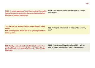 Page 2




P111: 'It would appear so,' said Owen noting the marble P204: They were standing on the edge of a huge
floor of black and white tiles that stretched out before chessboard…..
him like an endless chessboard.




'P47: Excuse me, Madam. Where is everybody?' asked
Owen.....                                                    P51: “Gringotts is hundreds of miles under London,
P48: 'Underground. When any of us gets depressed we          see.”
come up here.'




P64: Thirdly, I am not really a Puffin at all, and so I've   P213: “….and once I have the elixir of life I will be
got few friends even among Puffins. (Li PO the Master        able to create a body of my own….”(Voldemort).
Magician)
 
