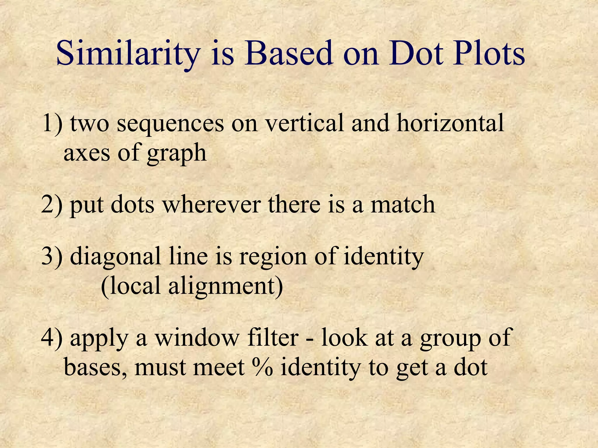 Similarity is Based on Dot Plots 1) two sequences on vertical and horizontal axes of graph 2) put dots wherever there is a match 3) diagonal line is region of identity  (local alignment) 4) apply a window filter - look at a group of bases, must meet % identity to get a dot  