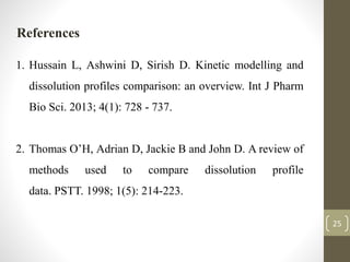 25
References
1. Hussain L, Ashwini D, Sirish D. Kinetic modelling and
dissolution profiles comparison: an overview. Int J Pharm
Bio Sci. 2013; 4(1): 728 - 737.
2. Thomas O’H, Adrian D, Jackie B and John D. A review of
methods used to compare dissolution profile
data. PSTT. 1998; 1(5): 214-223.
 