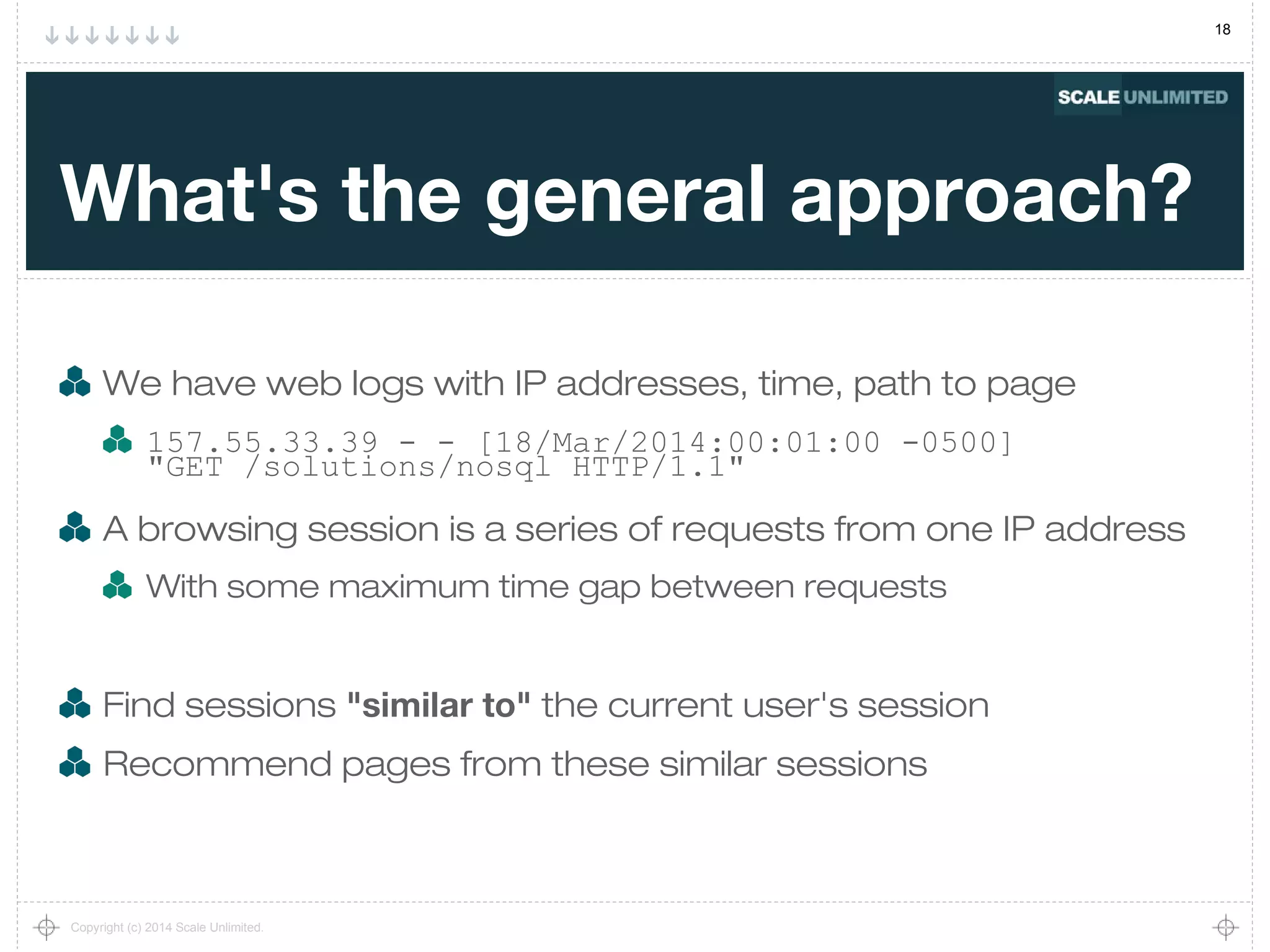 18
Copyright (c) 2014 Scale Unlimited.
What's the general approach?
We have web logs with IP addresses, time, path to page
157.55.33.39 - - [18/Mar/2014:00:01:00 -0500]
"GET /solutions/nosql HTTP/1.1"
A browsing session is a series of requests from one IP address
With some maximum time gap between requests
Find sessions "similar to" the current user's session
Recommend pages from these similar sessions
 