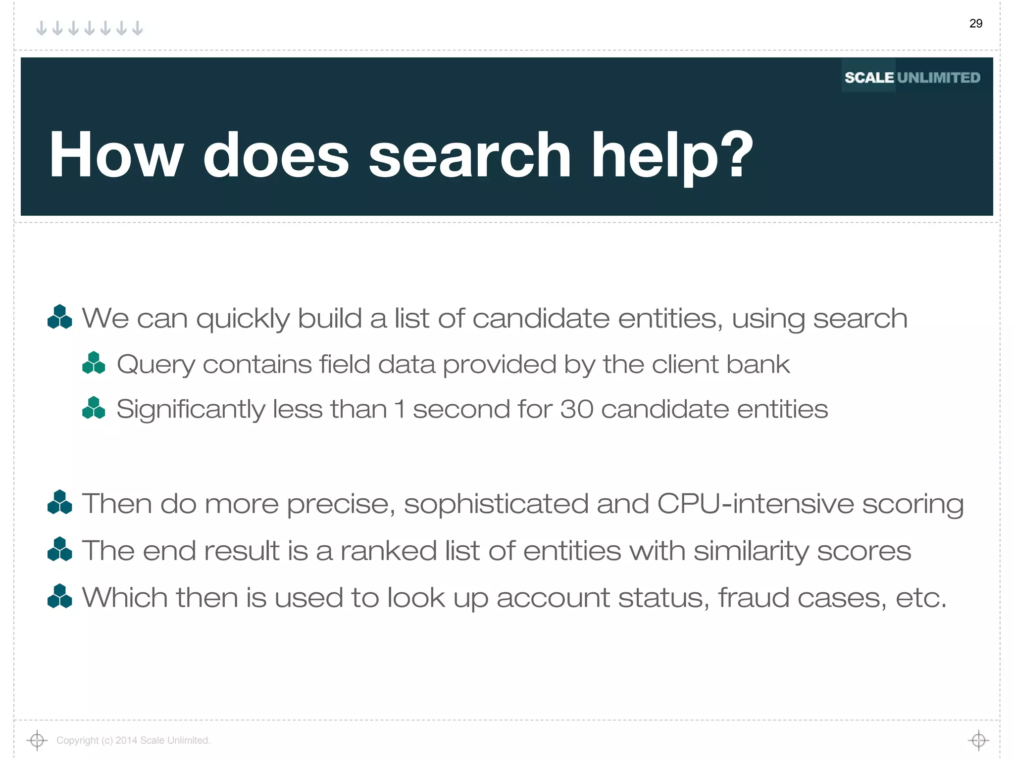 29
Copyright (c) 2014 Scale Unlimited.
How does search help?
We can quickly build a list of candidate entities, using search
Query contains field data provided by the client bank
Significantly less than 1 second for 30 candidate entities
Then do more precise, sophisticated and CPU-intensive scoring
The end result is a ranked list of entities with similarity scores
Which then is used to look up account status, fraud cases, etc.
 