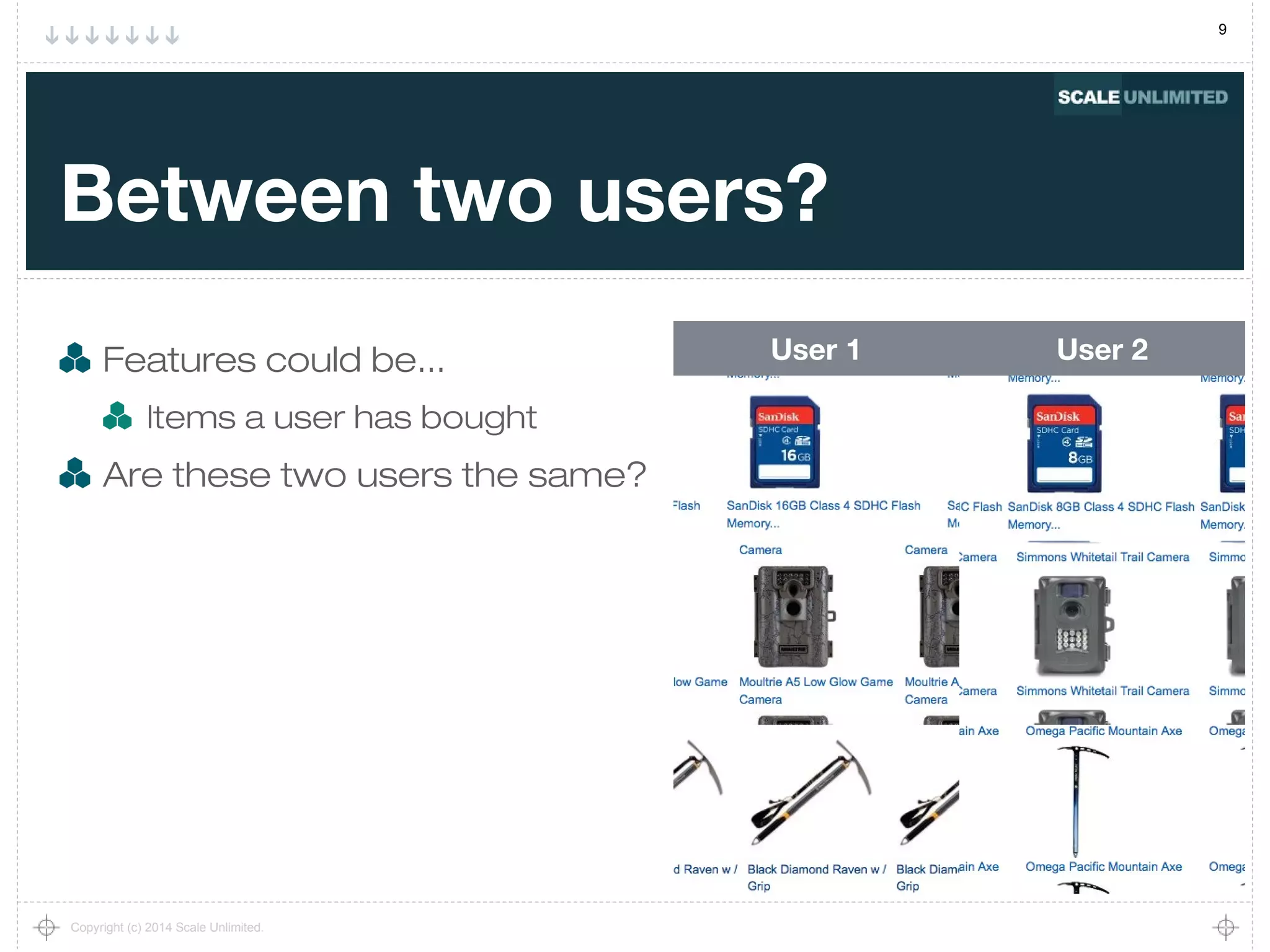 9
Copyright (c) 2014 Scale Unlimited.
Between two users?
Features could be...
Items a user has bought
Are these two users the same?
User 1 User 2
 