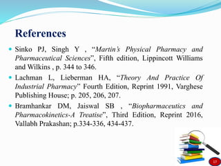 References
 Sinko PJ, Singh Y , “Martin’s Physical Pharmacy and
Pharmaceutical Sciences”, Fifth edition, Lippincott Williams
and Wilkins , p. 344 to 346.
 Lachman L, Lieberman HA, “Theory And Practice Of
Industrial Pharmacy” Fourth Edition, Reprint 1991, Varghese
Publishing House; p. 205, 206, 207.
 Bramhankar DM, Jaiswal SB , “Biopharmaceutics and
Pharmacokinetics-A Treatise”, Third Edition, Reprint 2016,
Vallabh Prakashan; p.334-336, 434-437.
17
 