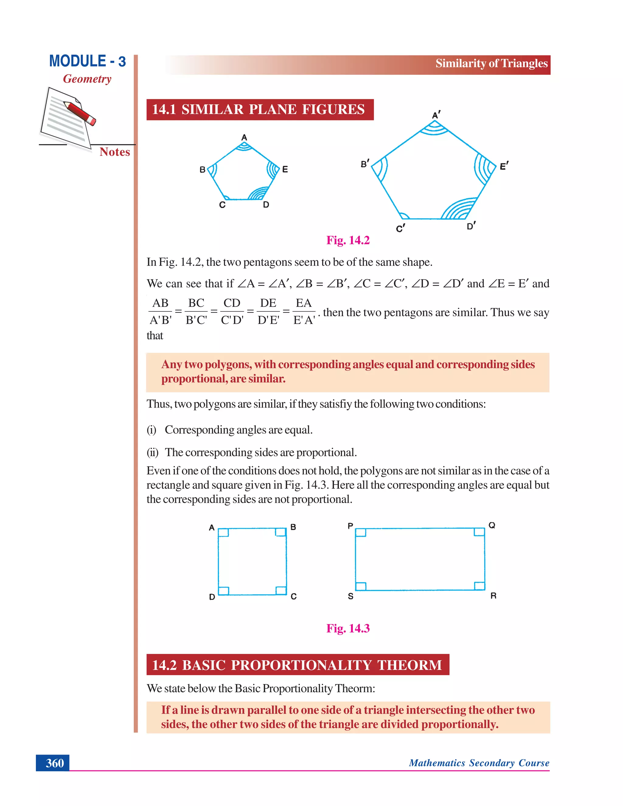 Mathematics Secondary Course360
Notes
MODULE - 3
Geometry
Similarity of Triangles
14.1 SIMILAR PLANE FIGURES
Fig. 14.2
In Fig. 14.2, the two pentagons seem to be of the same shape.
We can see that if ∠A = ∠A′, ∠B = ∠B′, ∠C = ∠C′, ∠D = ∠D′ and ∠E = E′ and
A'E'
EA
E'D'
DE
D'C'
CD
C'B'
BC
B'A'
AB
==== . then the two pentagons are similar. Thus we say
that
Any two polygons, with corresponding angles equal and corresponding sides
proportional, are similar.
Thus,twopolygonsaresimilar,iftheysatisfiythefollowingtwoconditions:
(i) Corresponding angles are equal.
(ii) The corresponding sides are proportional.
Evenifoneoftheconditionsdoesnothold,thepolygonsarenotsimilarasinthecaseofa
rectangle and square given in Fig. 14.3. Here all the corresponding angles are equal but
the corresponding sides are not proportional.
Fig. 14.3
14.2 BASIC PROPORTIONALITY THEORM
We state below the Basic ProportionalityTheorm:
If a line is drawn parallel to one side of a triangle intersecting the other two
sides, the other two sides of the triangle are divided proportionally.
 