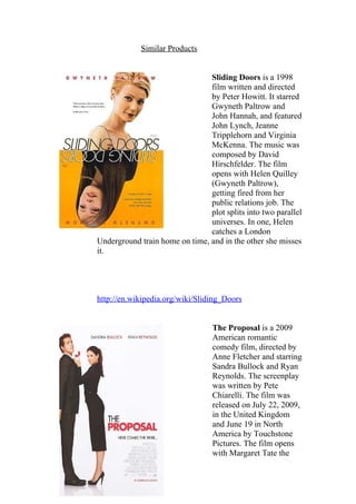 Similar Products


                                Sliding Doors is a 1998
                                film written and directed
                                by Peter Howitt. It starred
                                Gwyneth Paltrow and
                                John Hannah, and featured
                                John Lynch, Jeanne
                                Tripplehorn and Virginia
                                McKenna. The music was
                                composed by David
                                Hirschfelder. The film
                                opens with Helen Quilley
                                (Gwyneth Paltrow),
                                getting fired from her
                                public relations job. The
                                plot splits into two parallel
                                universes. In one, Helen
                                catches a London
Underground train home on time, and in the other she misses
it.




http://en.wikipedia.org/wiki/Sliding_Doors


                                  The Proposal is a 2009
                                  American romantic
                                  comedy film, directed by
                                  Anne Fletcher and starring
                                  Sandra Bullock and Ryan
                                  Reynolds. The screenplay
                                  was written by Pete
                                  Chiarelli. The film was
                                  released on July 22, 2009,
                                  in the United Kingdom
                                  and June 19 in North
                                  America by Touchstone
                                  Pictures. The film opens
                                  with Margaret Tate the
 