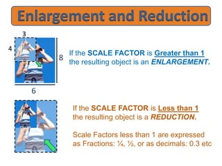 If the SCALE FACTOR is Greater than 1
the resulting object is an ENLARGEMENT.
If the SCALE FACTOR is Less than 1
the resulting object is a REDUCTION.
Scale Factors less than 1 are expressed
as Fractions: ¼, ½, or as decimals: 0.3 etc
3
4
6
8
 