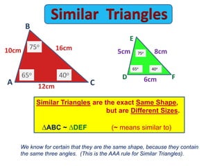 We know for certain that they are the same shape, because they contain
the same three angles. (This is the AAA rule for Similar Triangles).
E
A
Similar Triangles are the exact Same Shape,
but are Different Sizes.
ABC ~ DEF (~ means similar to)
12cm
6cm
65o
65o
40o
40o
C
B
FD
16cm 8cm10cm 5cm
75o
75o
 