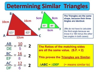 AC 12
DF 6
The Triangles are the same
shape, because their three
Angles are identical.
(We do not have to calculate
the third angle because we
know it is 180 minus the other
two angles in both cases).
AB 10
DE 5
E
A
= 2= The Ratios of the matching sides
are all the same value. (S.F. = 2)
This proves the Triangles are Similar.
ABC ~ DEF (~ means similar to)
12cm
6cm
65o
65o
40o
40o
C
B
FD
16cm
8cm
10cm
5cm
BC 16
EF 8
= 2=
= 2=
 
