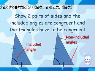 Show 2 pairs of sides and the
included angles are congruent and
the triangles have to be congruent
Included
angle

Non-included
angles

 
